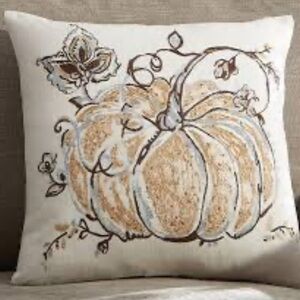 POTTERY BARN Embroidered Gilded Silver Gold Pumpkin Fall Decorative Pillow Cover